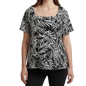 JM Collection Black White Leaf Print Square Neck Short Sleeve Top Plus Size 2X